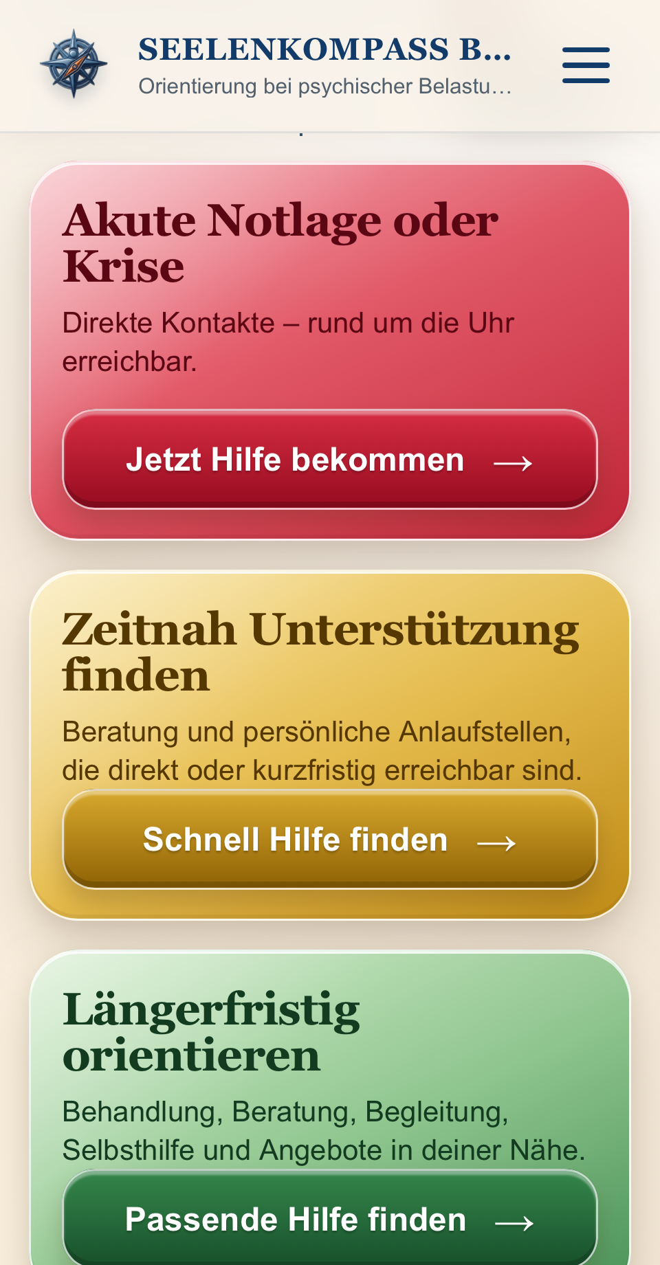Neue Smartphone-Startseite mit den Bereichen Jetzt sofort Hilfe, Schnell Hilfe und Passende Hilfe finden