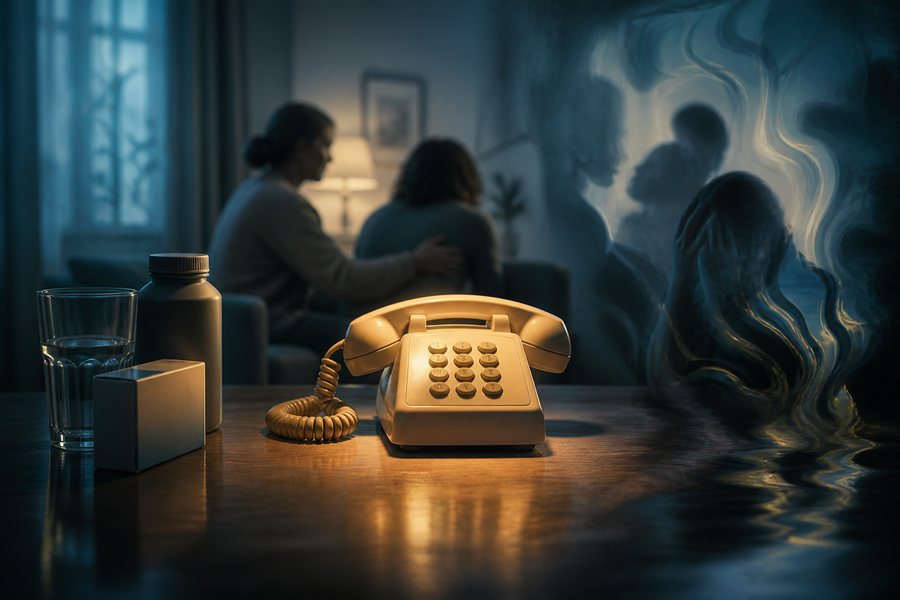 Ein Telefon steht zwischen Medikamenten und einer verzerrt wahrgenommenen Umgebung