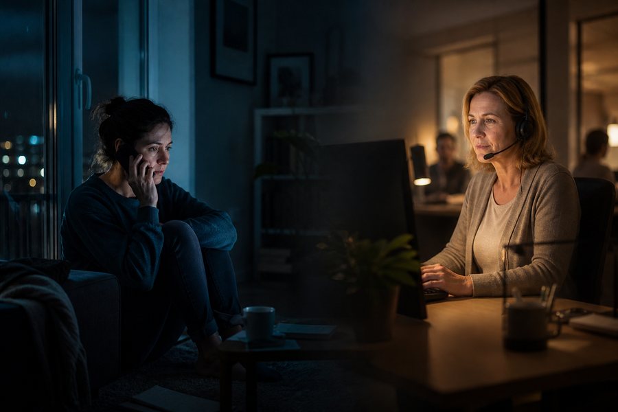 Eine ratsuchende Person telefoniert nachts mit einer Fachkraft des Krisendienstes