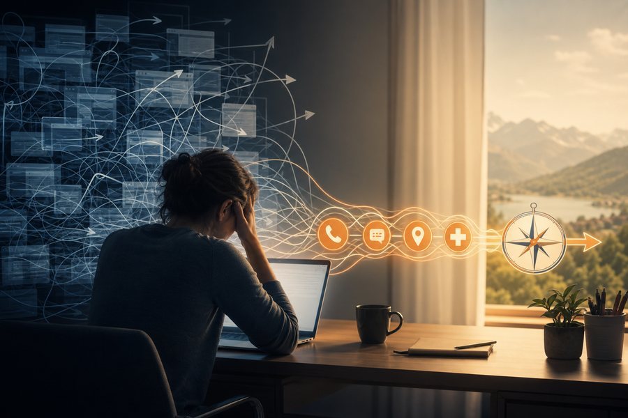Unübersichtliche Internetangebote verwandeln sich in einen klaren Weg zu Telefon, Beratung und medizinischer Hilfe