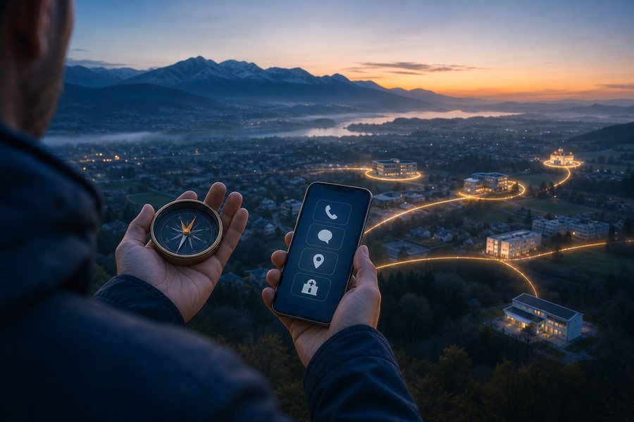 Ein Mensch hält Kompass und Smartphone vor einer bayerischen Landschaft mit erreichbaren Hilfsangeboten