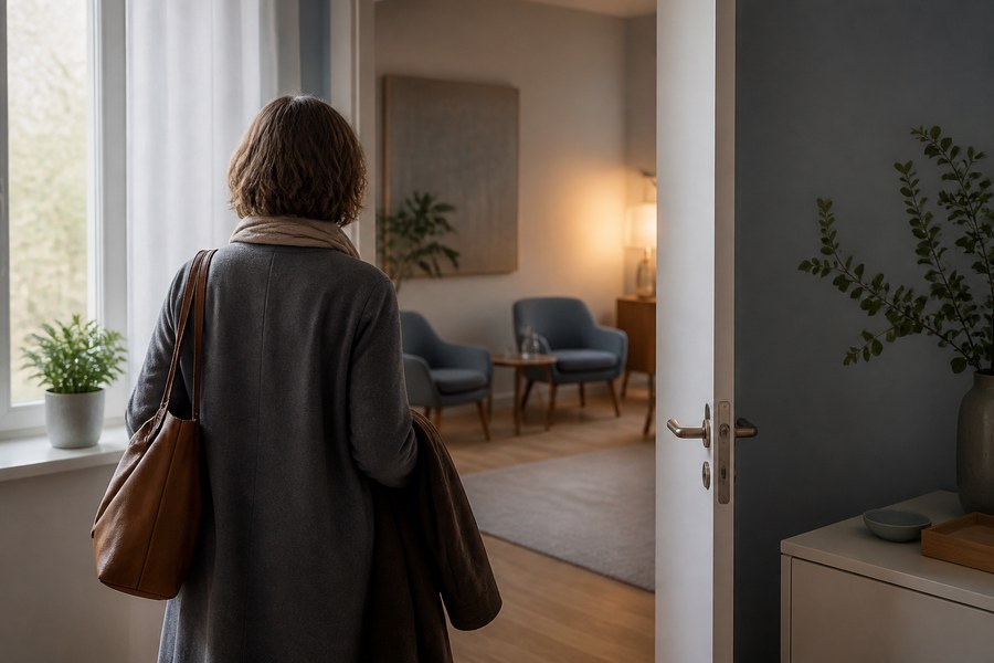 Eine Person betritt einen hellen Therapieraum mit zwei Sesseln