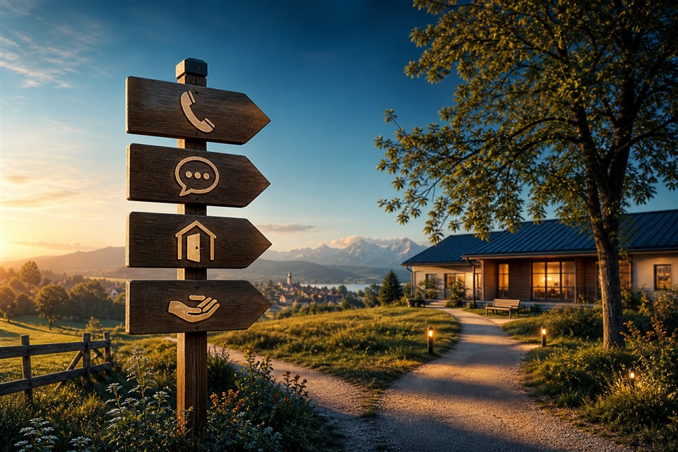 Ein Wegweiser mit Symbolen für Telefon, Gespräch, Anlaufstelle und Unterstützung führt zu einem hellen Haus in bayerischer Landschaft
