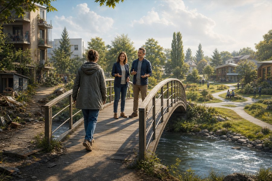 Eine ratsuchende Person überquert eine Brücke und begegnet zwei Fachkräften, die Orientierung anbieten