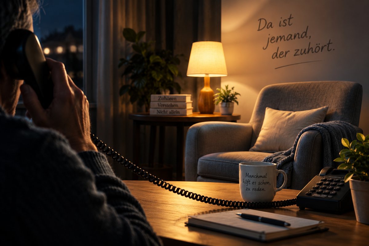 Eine Person telefoniert in einem warm beleuchteten Raum; gegenüber steht ein leerer Sessel